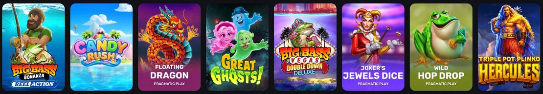 7Gear Casino slot games featuring Big Bass Bonanza Reel Action, Candy Rush, Floating Dragon, Great Ghosts, Big Bass Vegas, Joker's Jewels Dice, Wild Hop Drop and Triple Pot Plinko Hercules